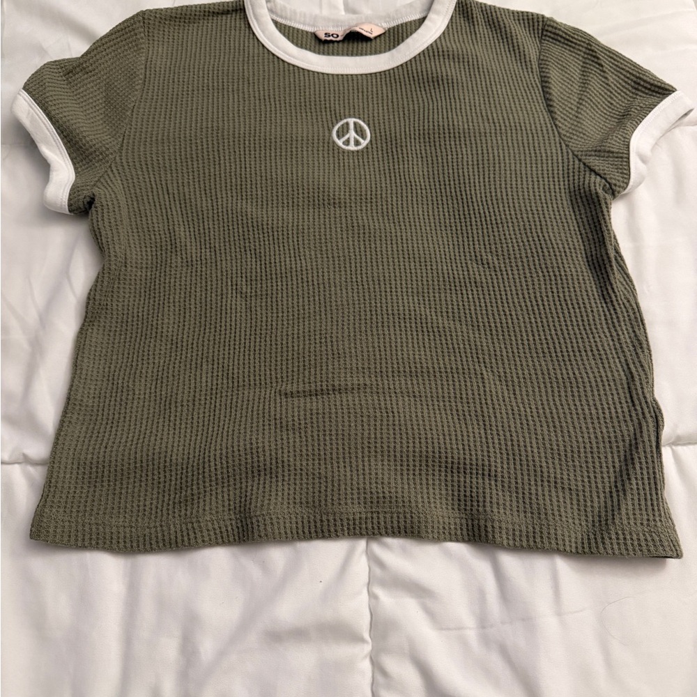 SO Olive Green Waffle Knit Tee with White Trim